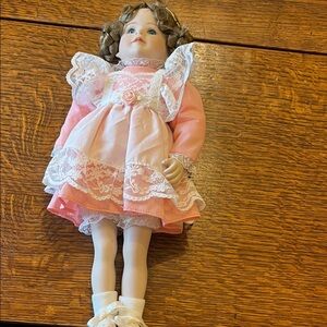 Elegant Pink Porcelain Doll “Lue Oh Lea”with Lace Dress